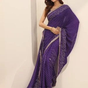 purple bandhani printed georgette saree with unstitched blouse piece