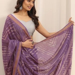 purple printed georgette saree with unstitched blouse piece