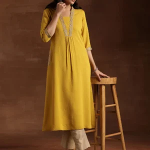 yellow yoke design silk a line kurta