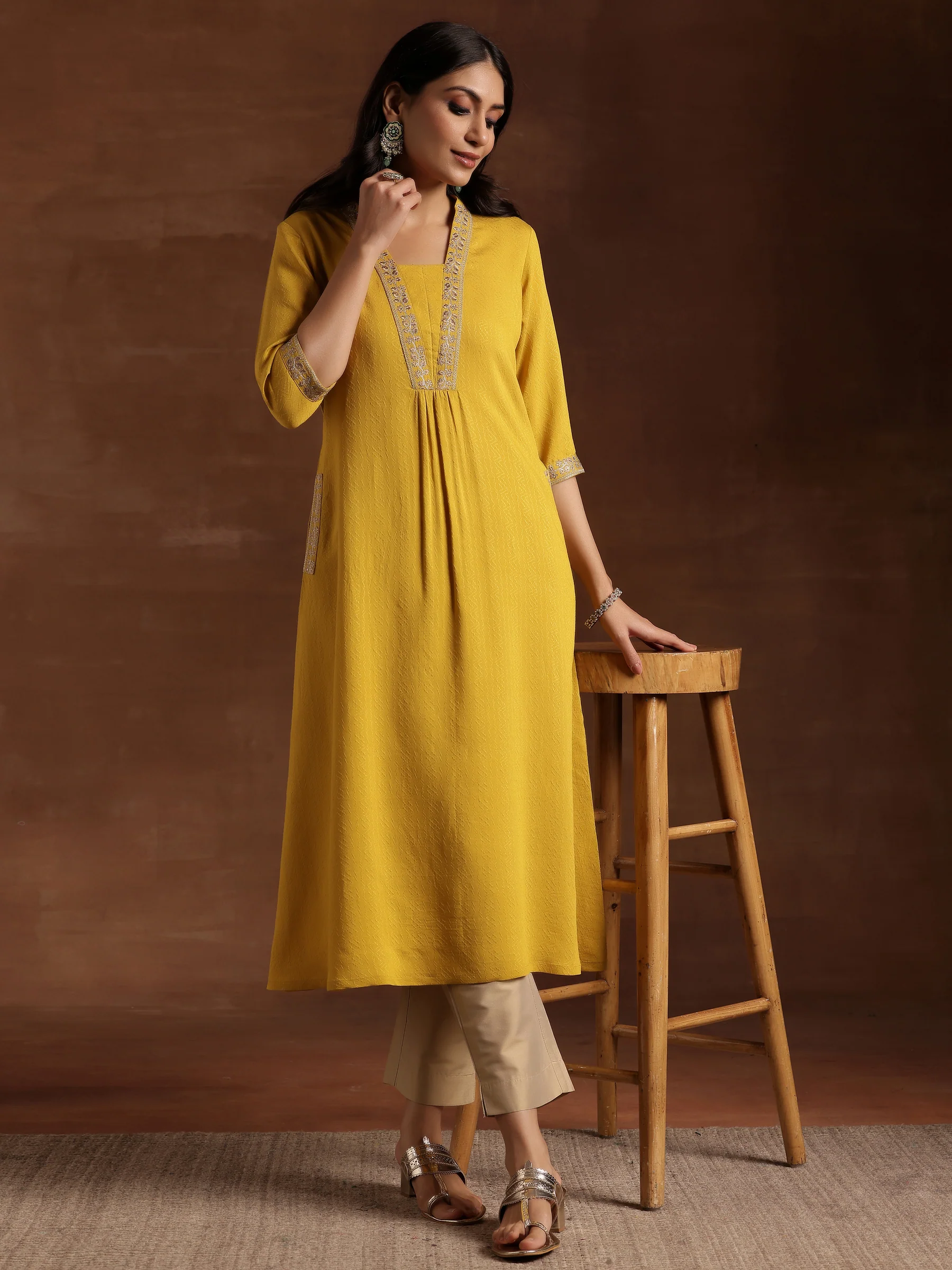yellow yoke design silk a line kurta yellow yoke design silk a line kurta