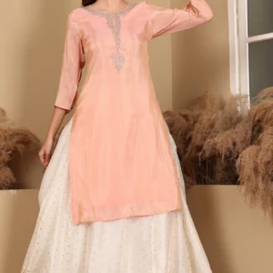 peach solid straight tissue kurta with embroidered neck
