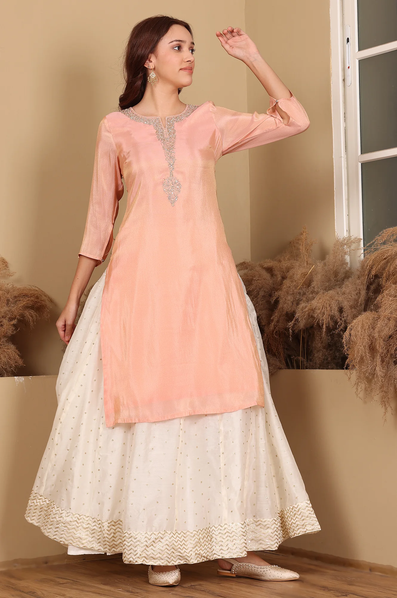 peach solid straight tissue kurta with embroidered neck peach solid straight tissue kurta with embroidered neck