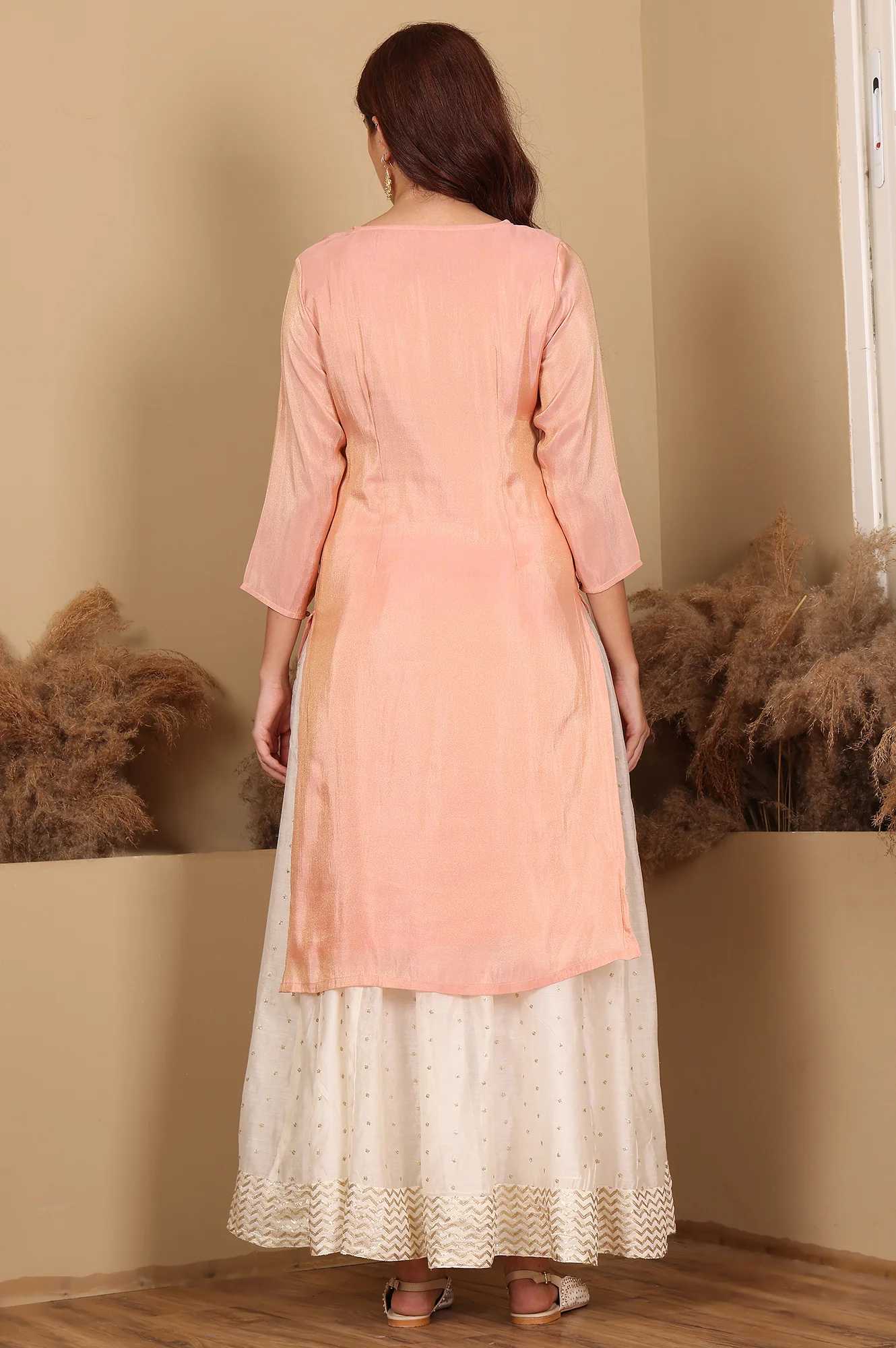 peach solid straight tissue kurta with embroidered neck peach solid straight tissue kurta with embroidered neck