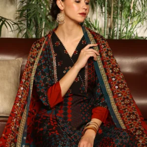 black multi coloured patch printed metallic embroidered a line kurta, pants and dupatta set