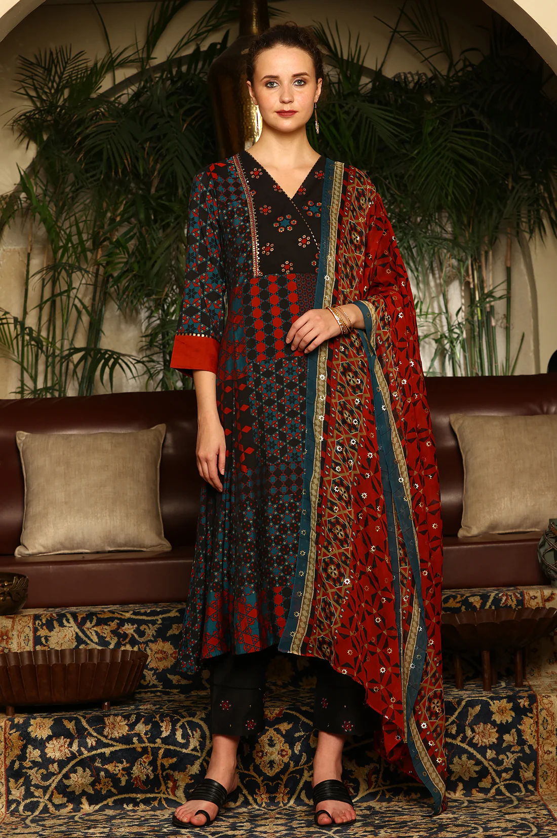 black multi coloured patch printed metallic embroidered a line kurta, pants and dupatta set black multi coloured patch printed metallic embroidered a line kurta, pants and dupatta set