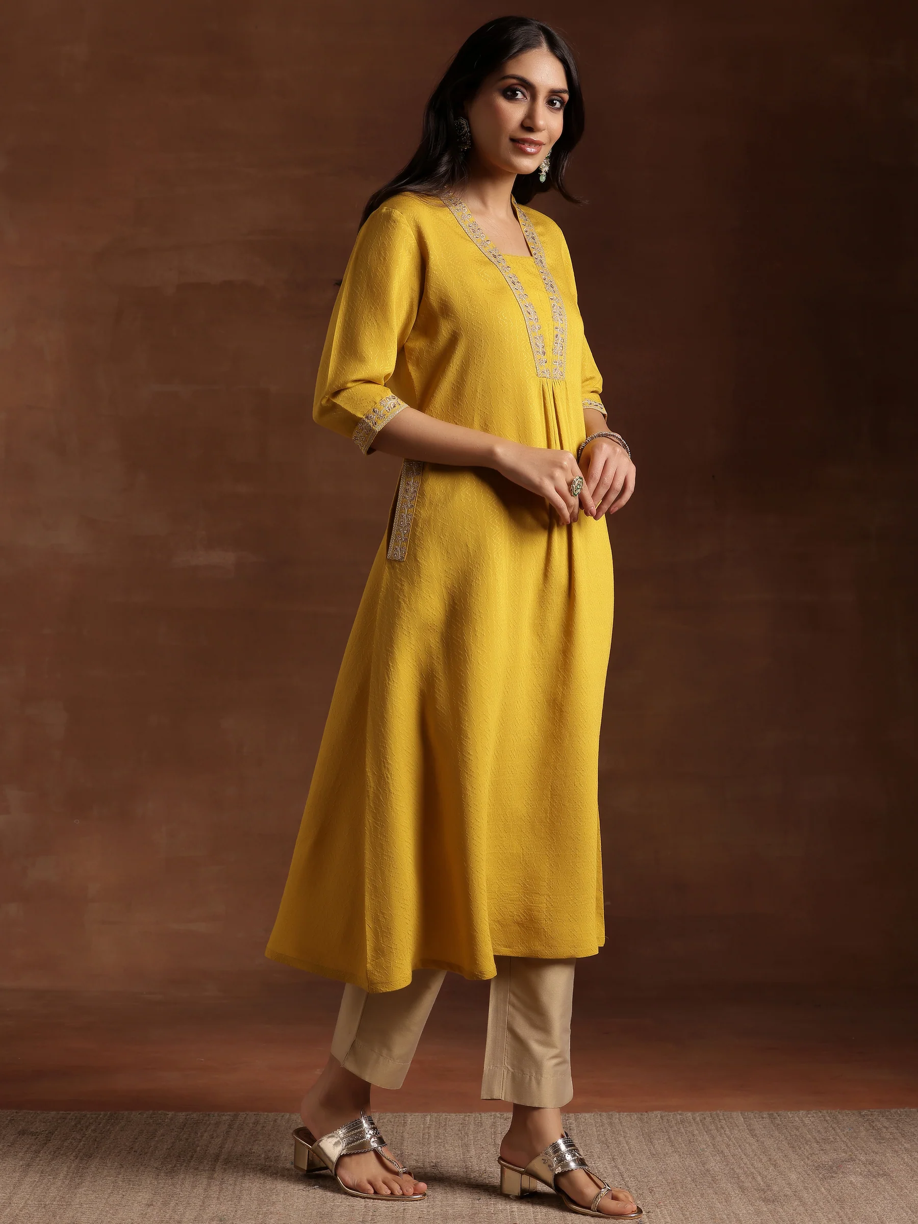yellow yoke design silk a line kurta yellow yoke design silk a line kurta