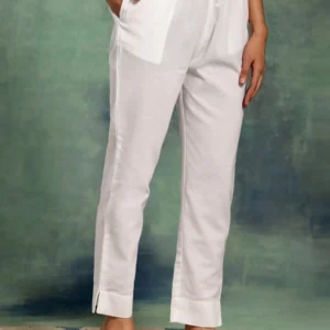 white solid cotton straight fit trousers