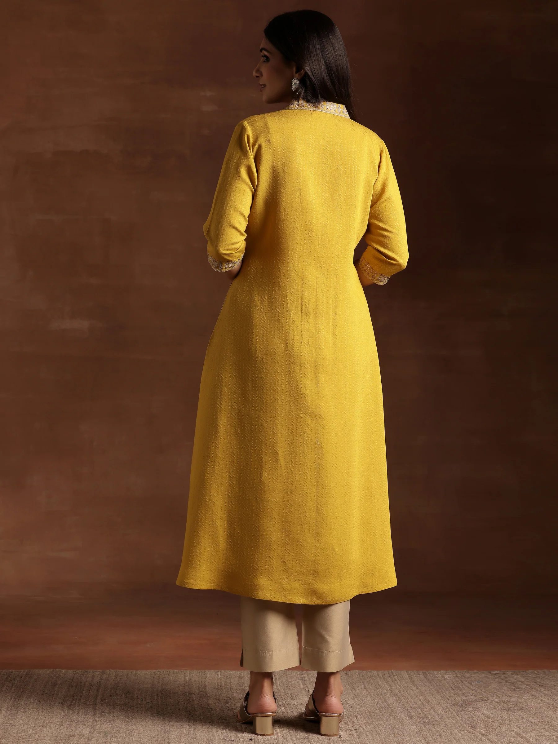 yellow yoke design silk a line kurta yellow yoke design silk a line kurta