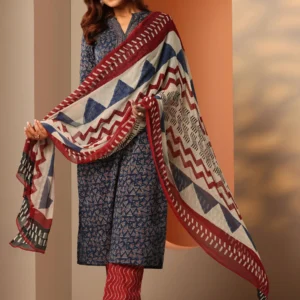 blue printed cotton straight suit set with dupatta