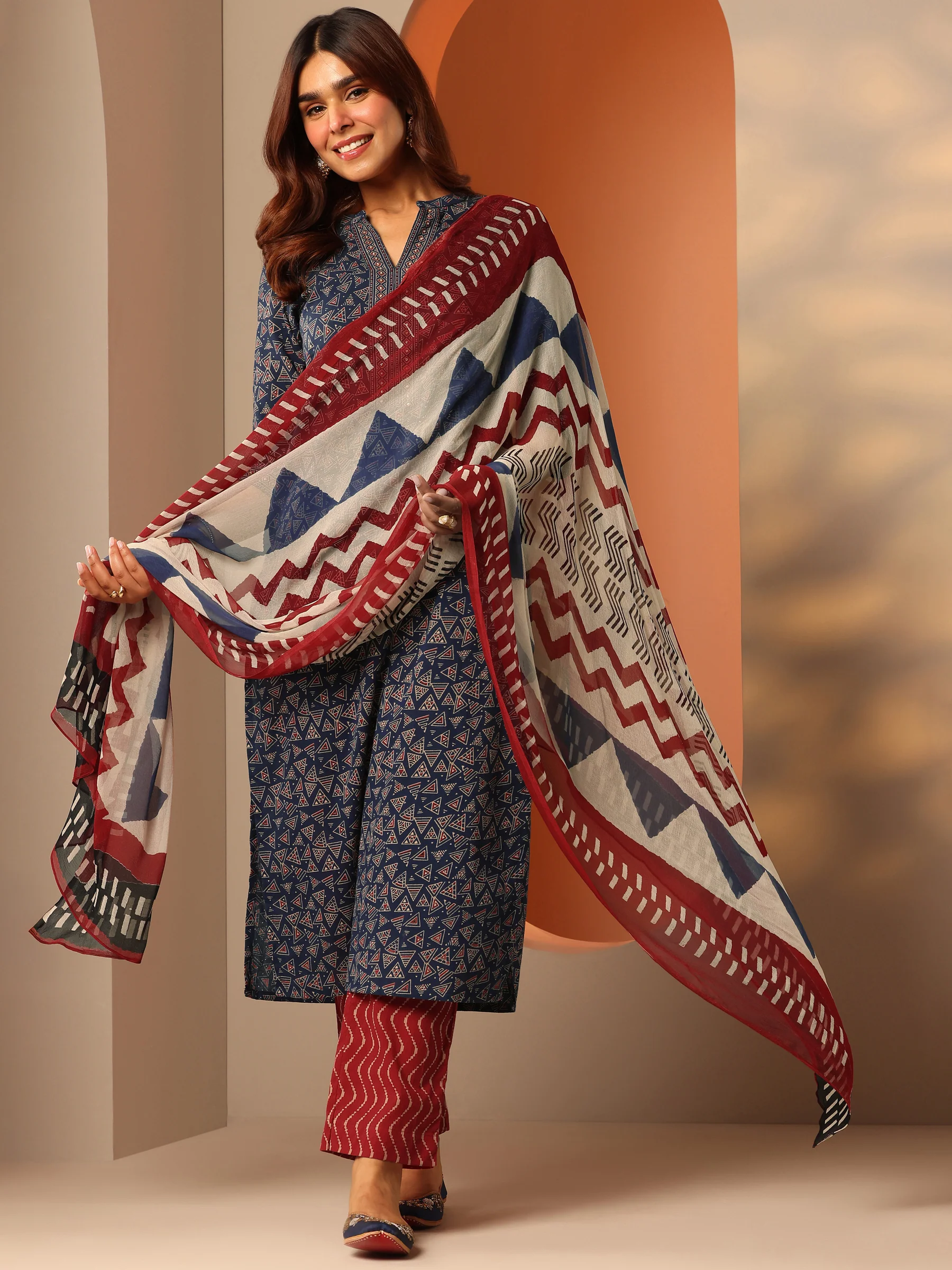 blue printed cotton straight suit set with dupatta blue printed cotton straight suit set with dupatta