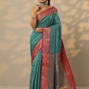 blue woven design banarasi silk blend saree with unstitched blouse piece