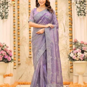 lavender tissue silk embroidery embellished saree