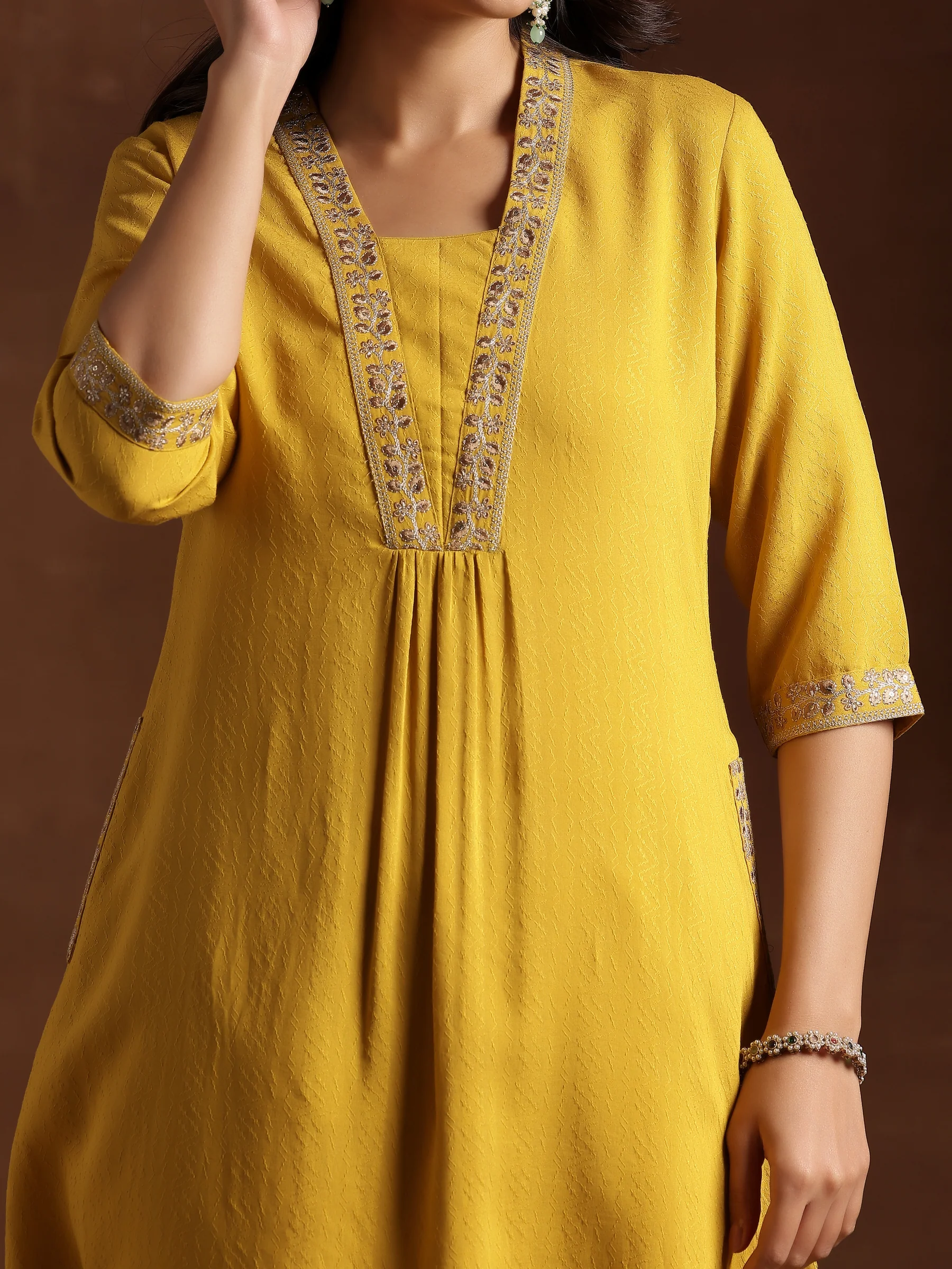 yellow yoke design silk a line kurta yellow yoke design silk a line kurta