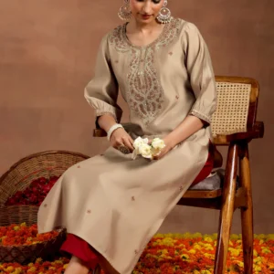 beige embroidered silk straight kurta