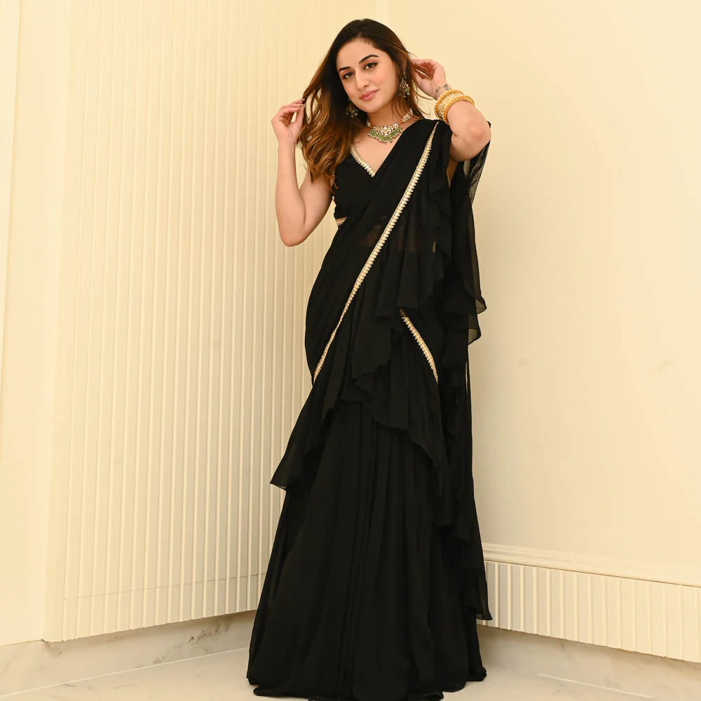 bunaai black georgette draped saree bunaai black georgette draped saree