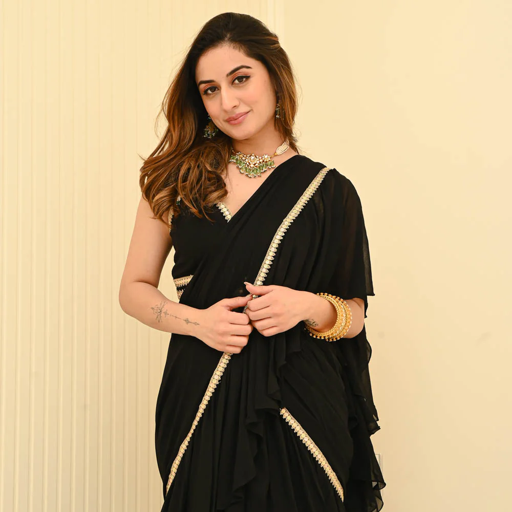 bunaai black georgette draped saree bunaai black georgette draped saree