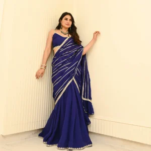bunaai hot blue organza draped saree