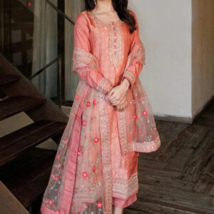 Home peach self design silk blend straight kurta with dupatta