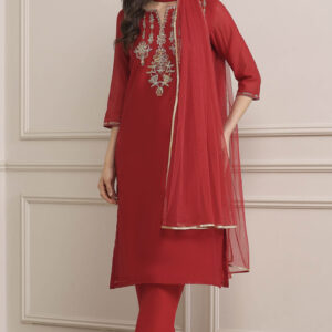 red art silk straight kurta slim pant suit set