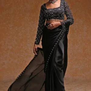 black poly satin fitted embroidered pre draped saree