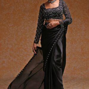 Home black poly satin fitted embroidered pre draped saree