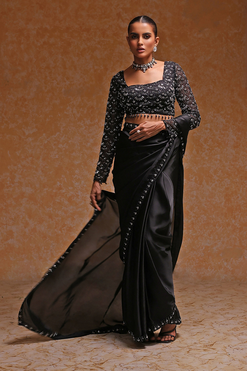 black poly satin fitted embroidered pre draped saree black poly satin fitted embroidered pre draped saree