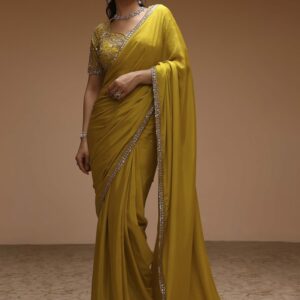 lime yellow poly chinnon embroidered pre draped saree