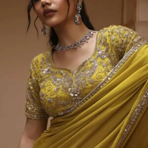 lime yellow poly chinnon embroidered pre draped saree lime yellow poly chinnon embroidered pre draped saree