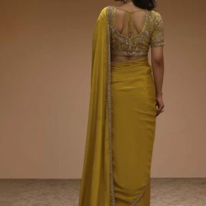lime yellow poly chinnon embroidered pre draped saree lime yellow poly chinnon embroidered pre draped saree