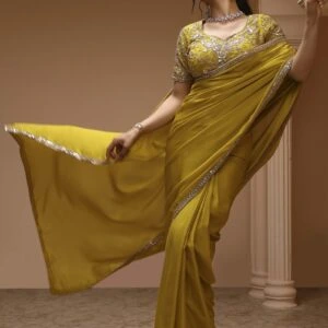 lime yellow poly chinnon embroidered pre draped saree lime yellow poly chinnon embroidered pre draped saree